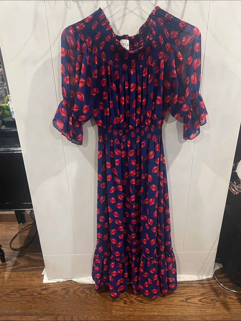 Misa Los Angeles Navy Maxi Dress with Red Lip Print